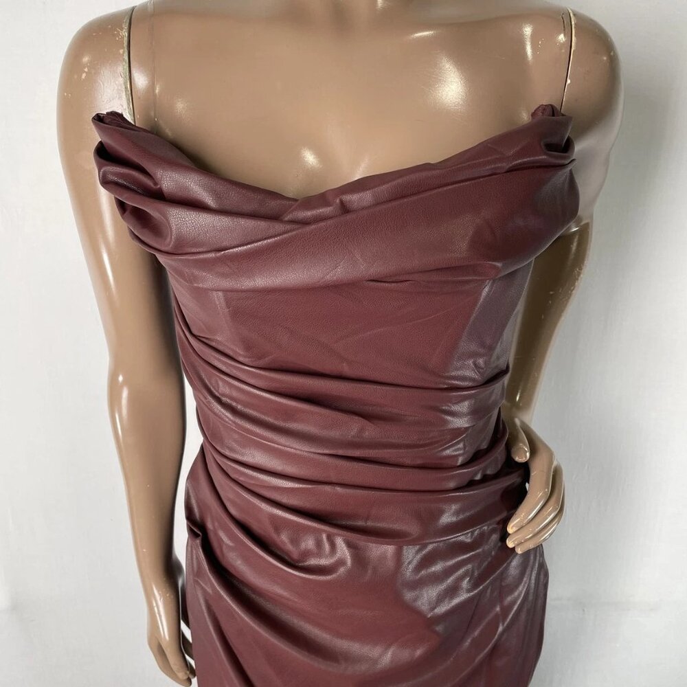 NEW BABYBOO Maxi Dress Burgundy Red Size M Alba Faux Leather Boned Cowl Neck - Picture 10 of 14
